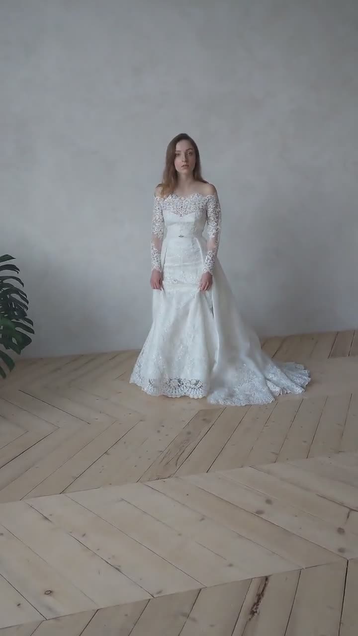 Off the shoulder wedding dress, Wedding dress with detachable skirt, Winter  wedding dress Lace long sleeves wedding dress 0217 - CATHERINE