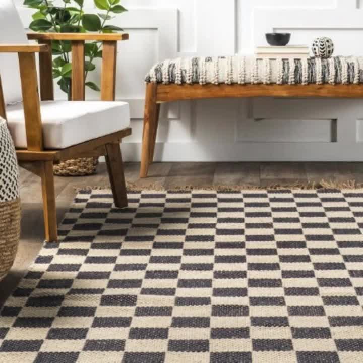 Black & White Checkered Area Rug, Jute Accent Boho Rug, Home Décor