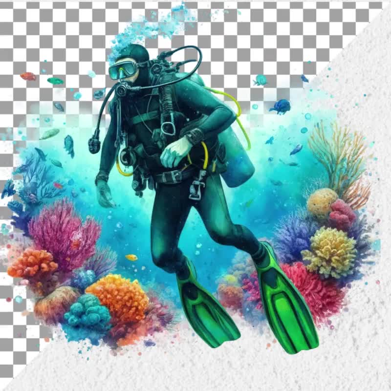 水彩スキューバダイビングクリップアートPNG：ダイバーのイラスト