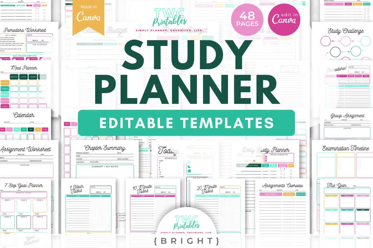 Study Planner Template for Canva 48 Pages Learning Layout, Task