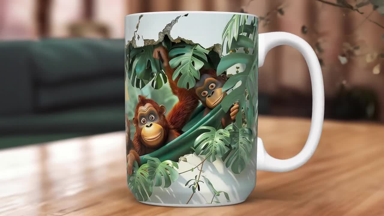 オランウータンの家族をモチーフにした3Dマグカップ昇華デザイン - 壁