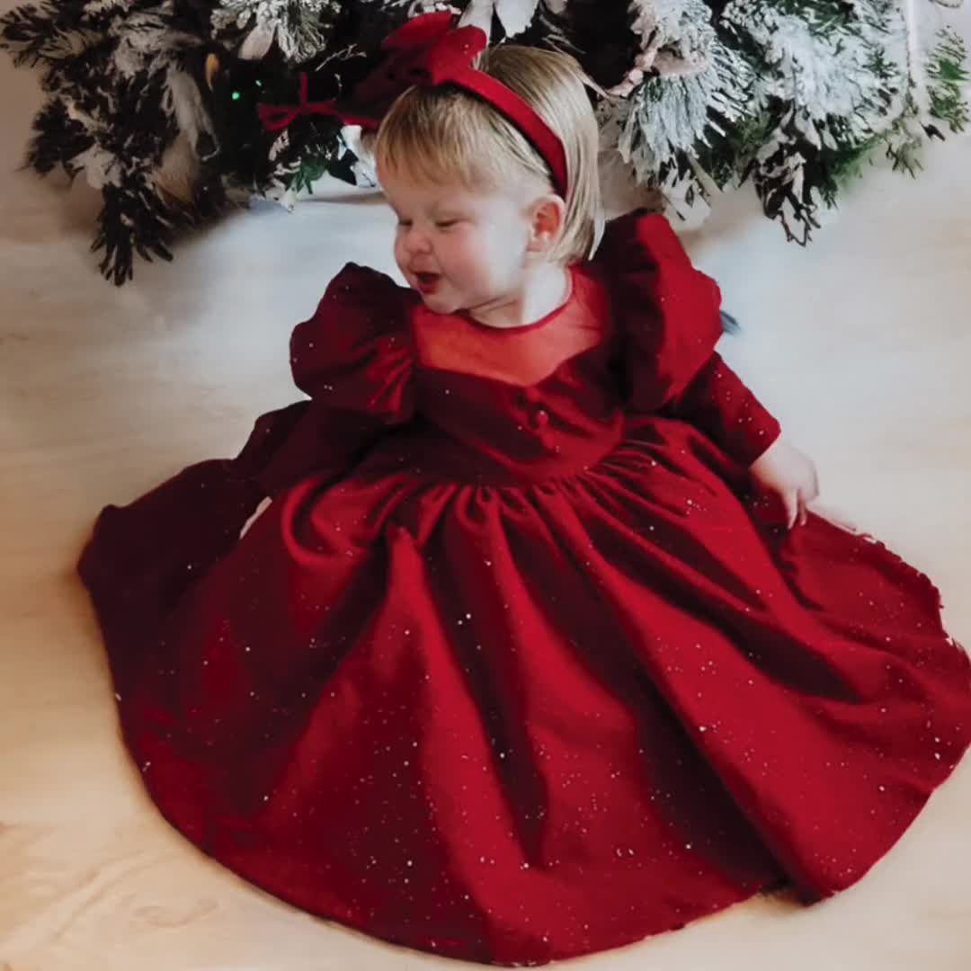 Princess For Ball Gown Baby Girl Red Velvet Christmas Dresses Christmas Red  Elegant Sparkly Velvet Puffy