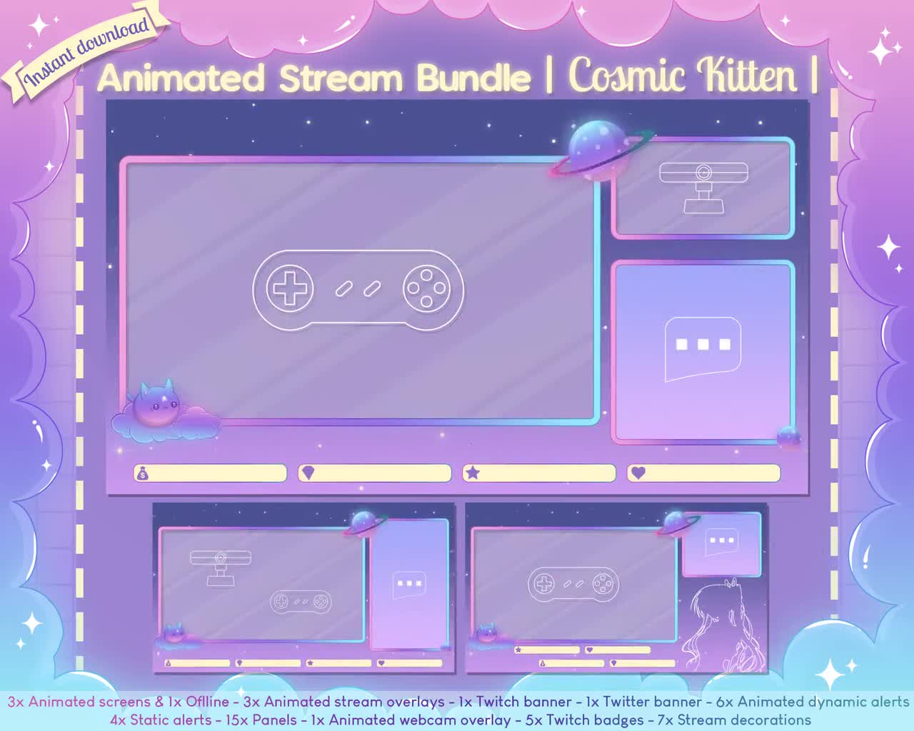 Animated cosmic Kitten Complete Stream Bundle Twitch Overlay Cute Pastel  Cat Kawaii Star  Space Planet Celest -  Hong Kong