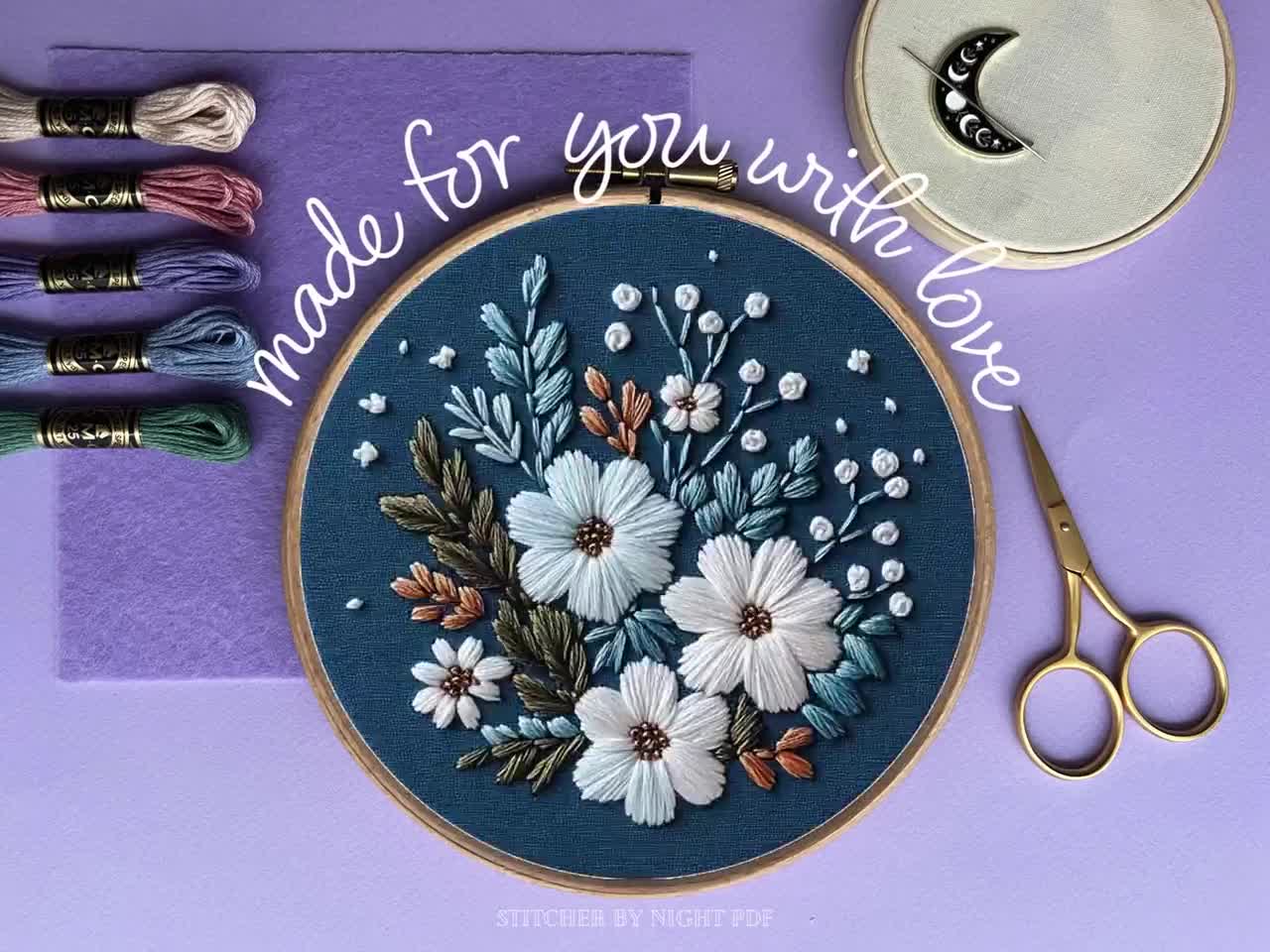 花束刺繍アート ネイビー ブルーム刺繍デザインバンドル * 花のフープアート * 花の手刺繍