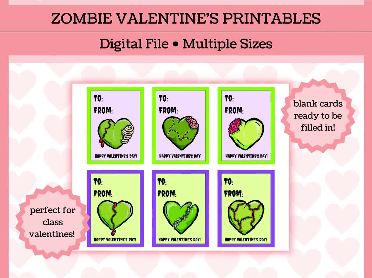 Zombie Valentine's Printable Cards | DIGITAL FILE | Multiple Sizes | Great for Classrooms! video poster