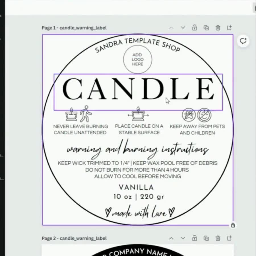 Candle & Wax Melt Warning Label Template Editable Candle 