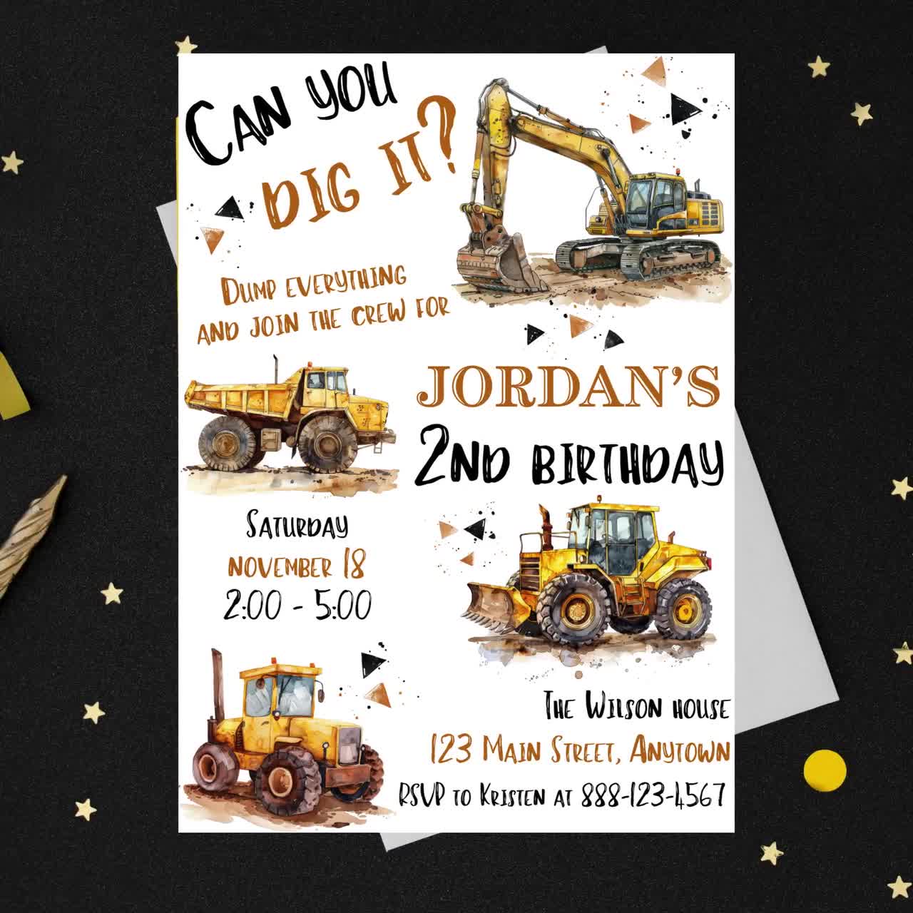 建設トラックの招待状テンプレート「Can You Dig It」、掘削機テーマの