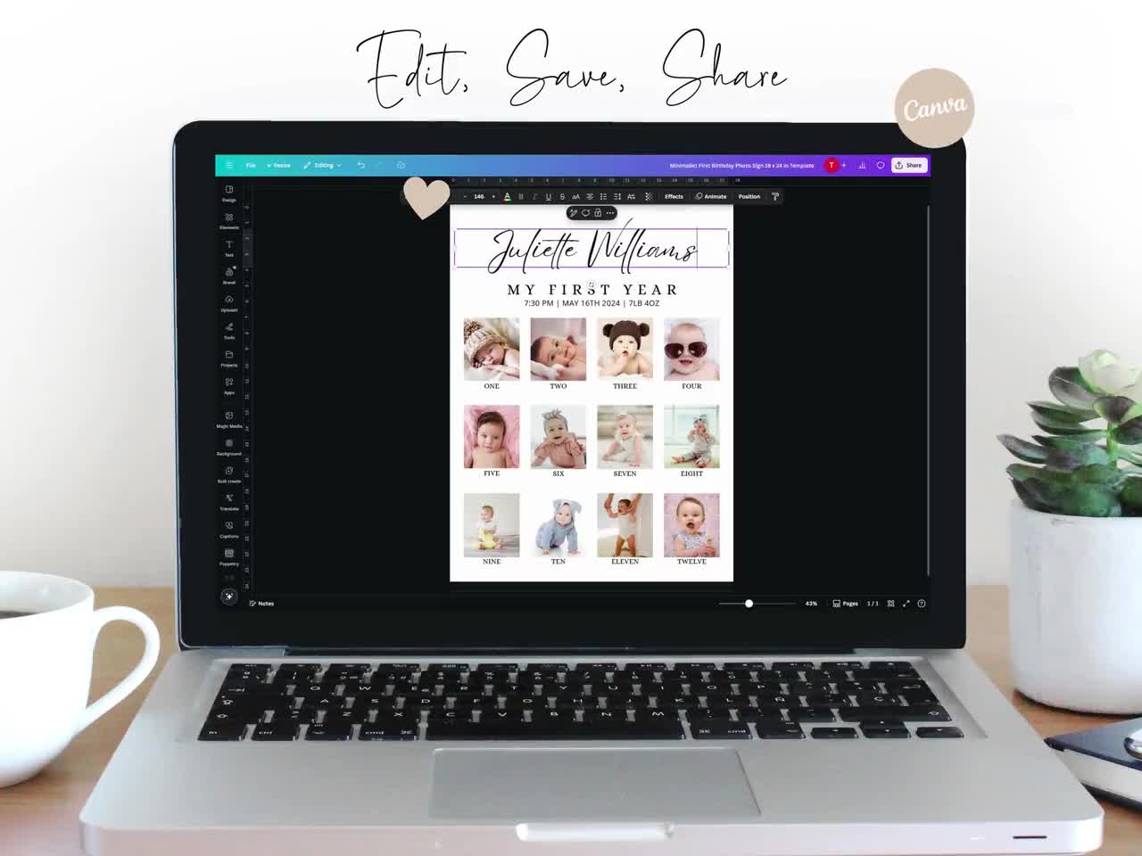 ミニマリストな1歳の誕生日フォトサインテンプレート、1歳の節目