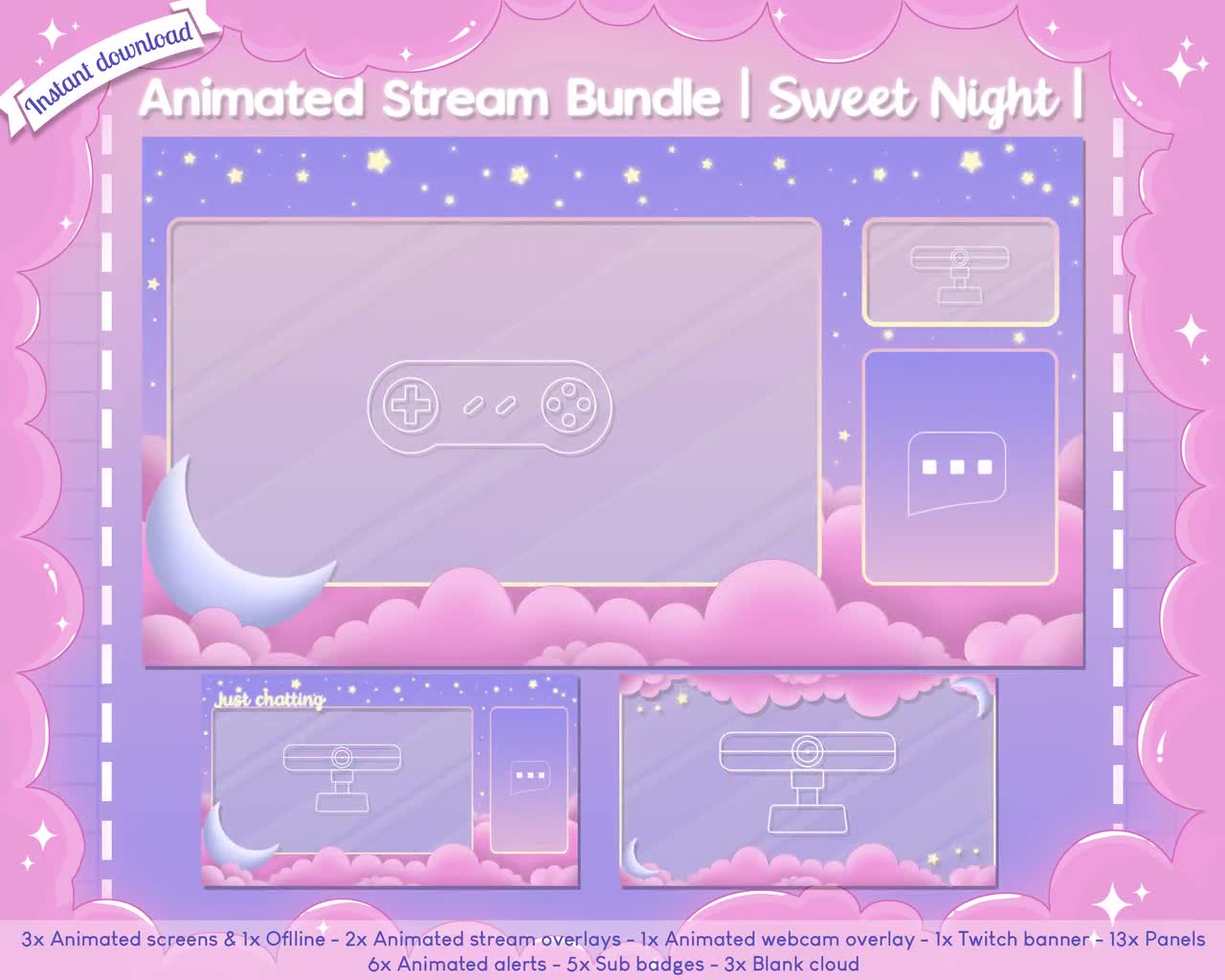 Animated Sweet Night Ingame & Just Chatting Overlay - Twitch -  -  Facebook Gaming - Stream - Cloud - Pastel - Cute - Moon - Star