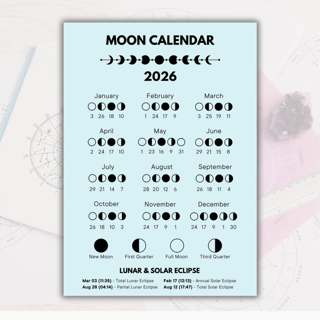 2026 Moon Phases Calendar, Lunar Calendar, Astrology Calendar