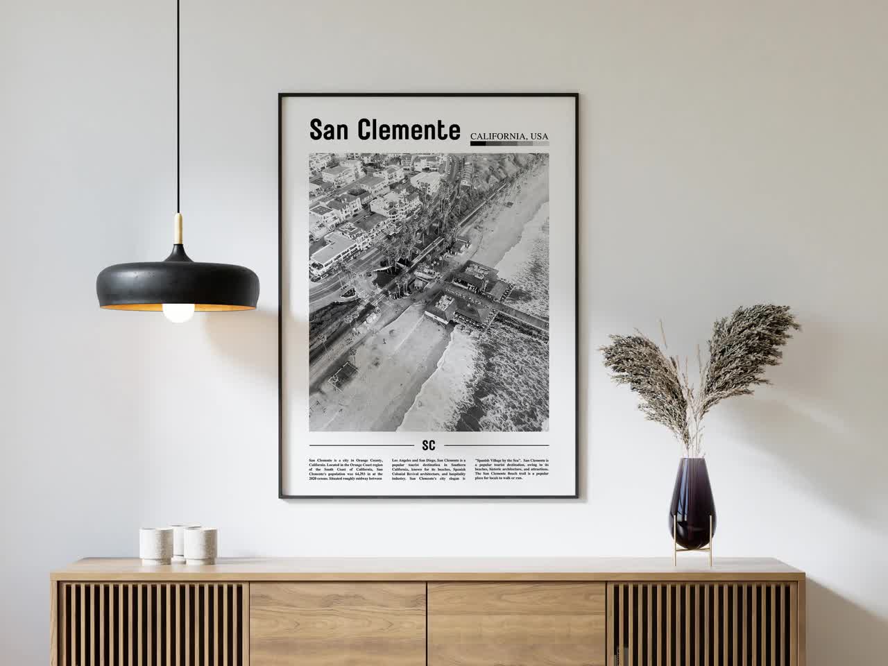 San Clemente Poster Black And White, San Clemente Print Black And White,  San Clemente Wall Art, Minimal Travel Print, Travel Poster