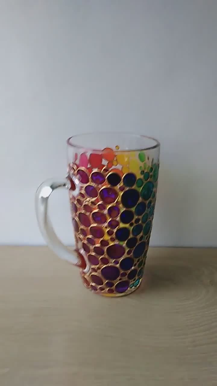 Rainbow Coffee Mug Gift, Colorful Hand Painted Glass Mug With Bubbles Design  