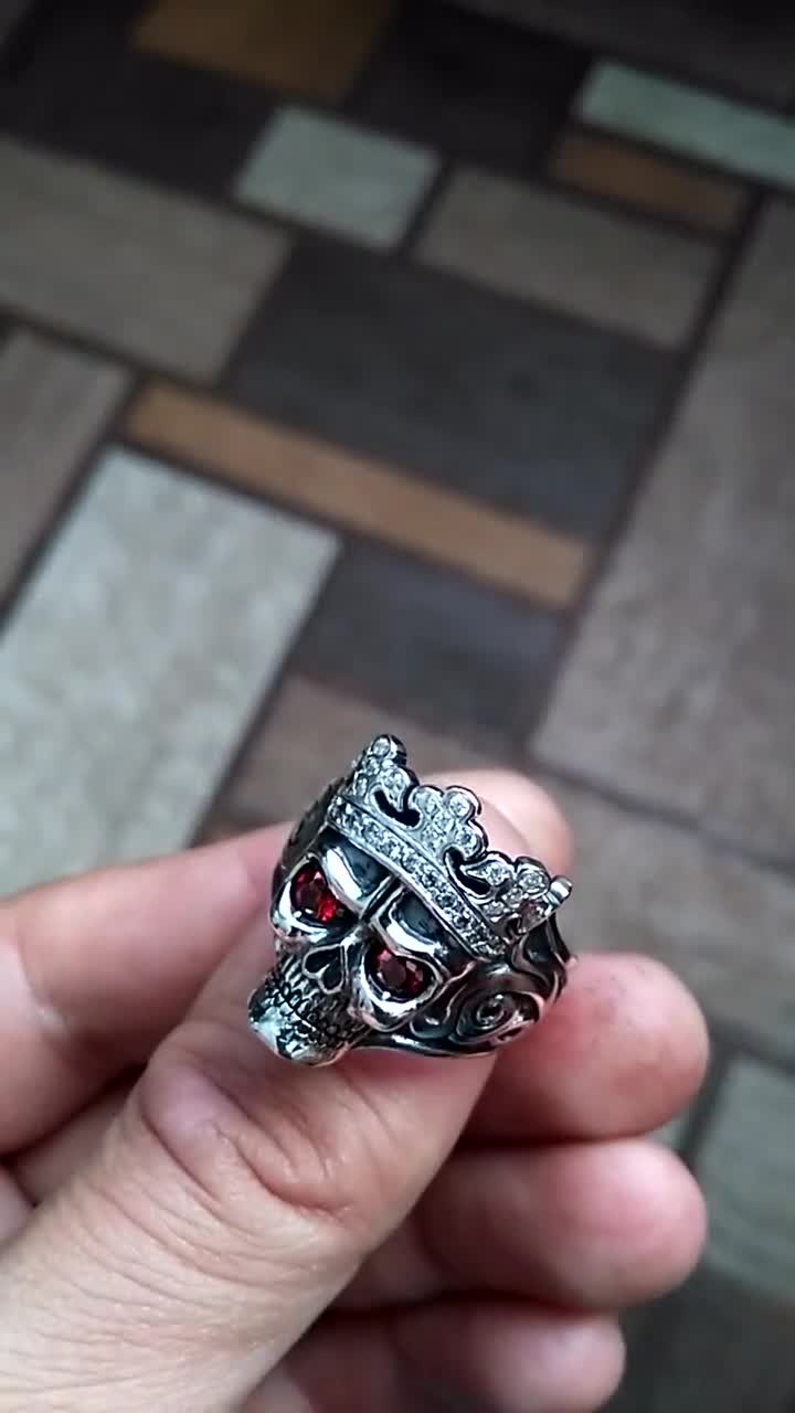 925 Sterling Silver Skull Ring; Mens Skull Ring With Stones