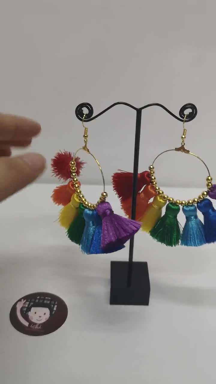 1 pair Rainbow Tassel Earrings, Earring Hoops, tassel earrings, boho,  pompons earrings, jewelry supplies, rainbow earring, rainbow tassel