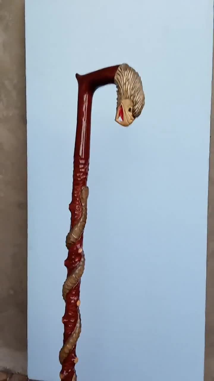 Wooden Cane Eagle and Snake Carved Handle and Staff Wood Walking