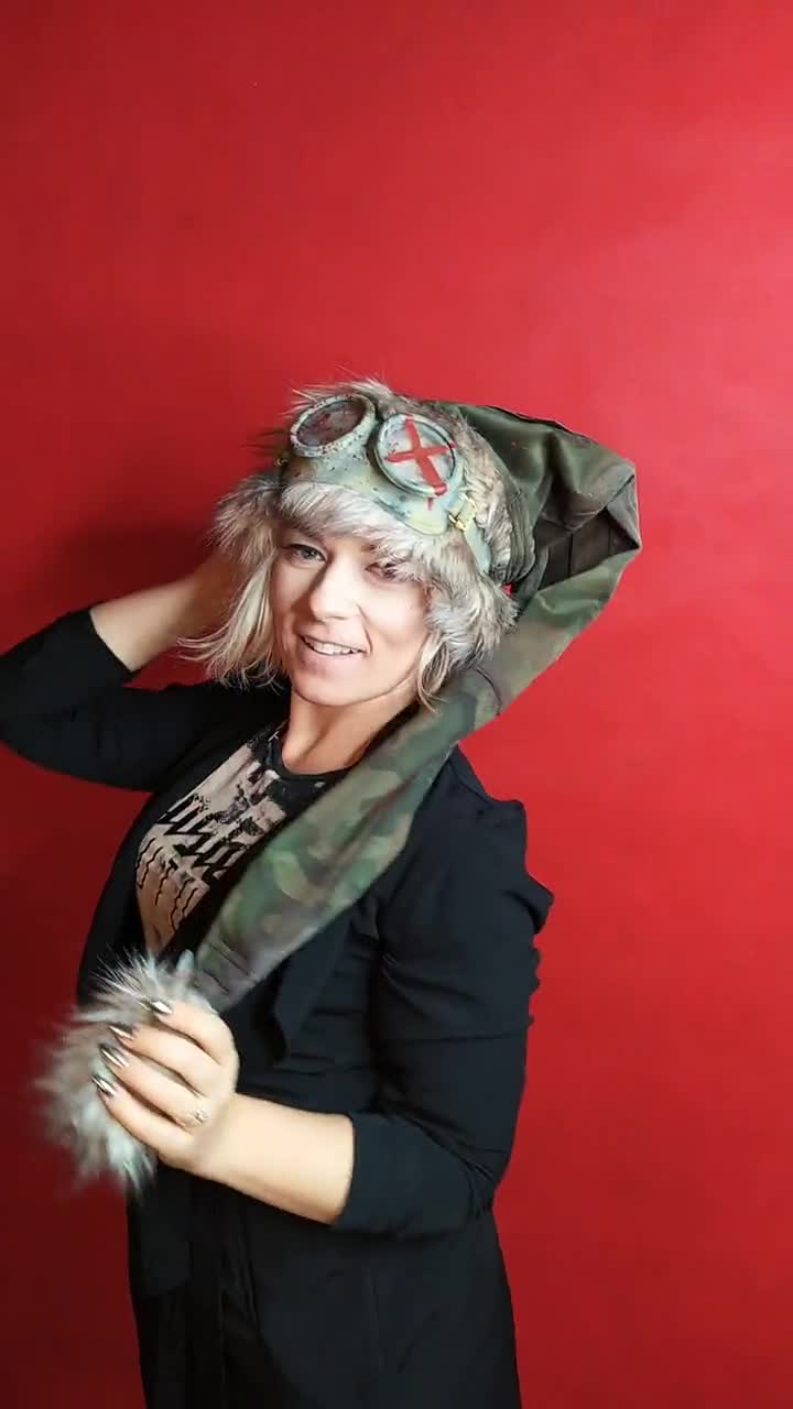 Post Apocalyptic Hat - Creepy Santa's Cap - Handmade Christmas Hat -  Apocalypse Santa - Camouflage Winter Cap - Long Furry Hat - Unique Gift