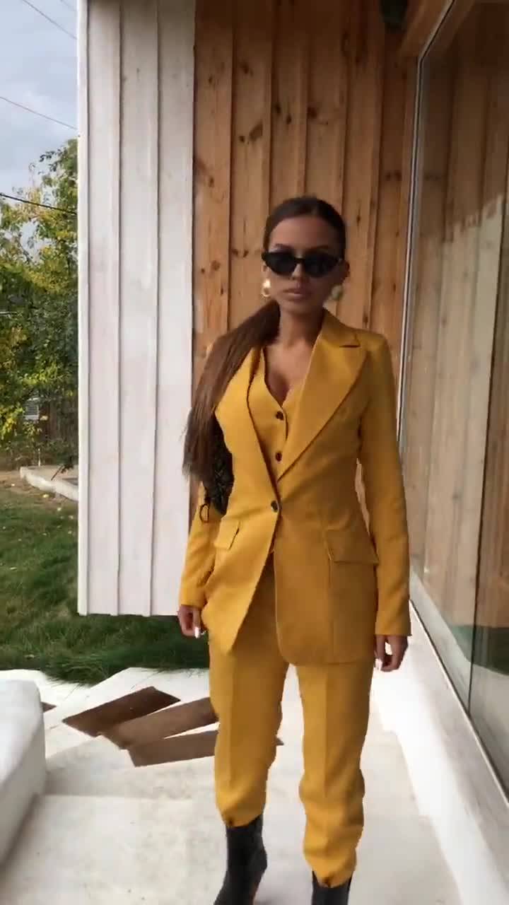 Yellow Womens Suit, Office Women 3 Piece Suit With Slim Fit Pants
