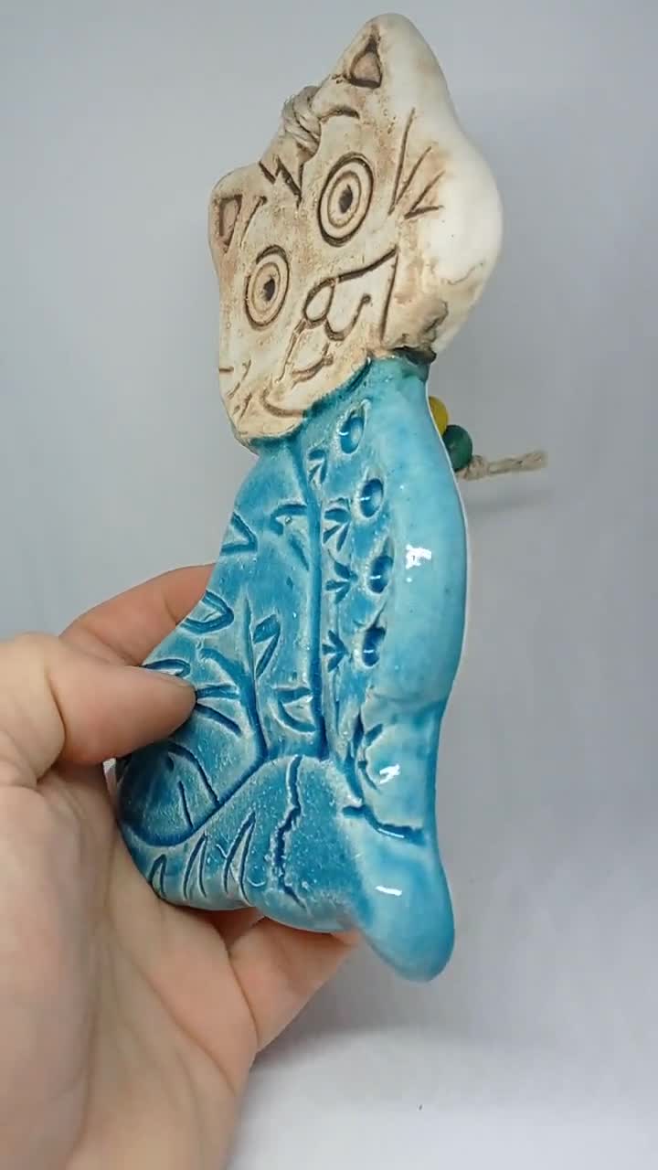 Ceramic cat beige blue handmade home decor Mykonos Greece video poster