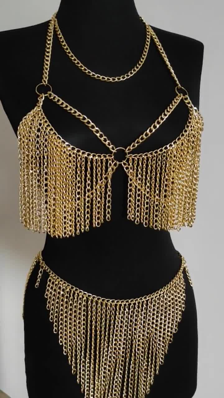 Gold Chain Bra Set, Chain Dress , Bra, Festival Jewelry, Body Jewelry,  Waist Chain Dancer Costume FS-35 