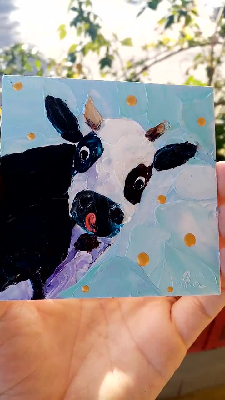 vaca pintada, vaca blanca y negra, arte de pared de animales de granja,  pintura de vacas, arte de animales mascota de arte de becerro, adorno de  animales, pintura original de granja