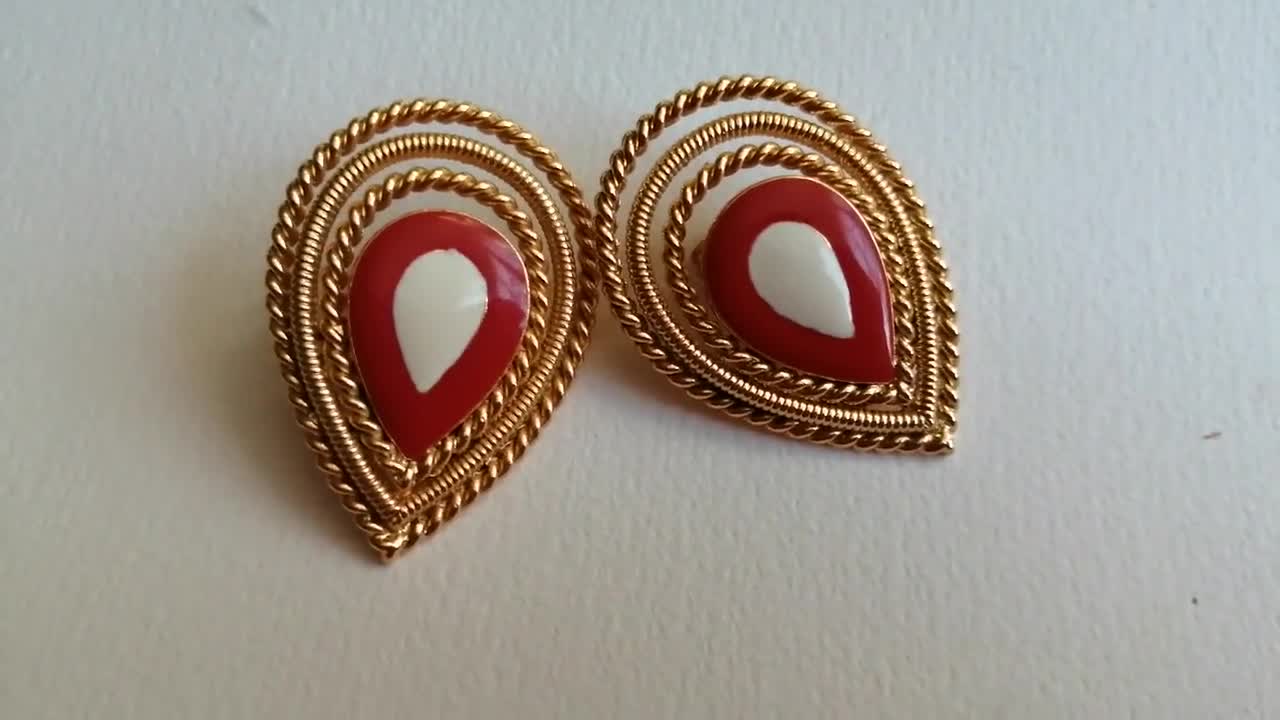 Boucles D'oreilles Clips Orena Paris Vintage – Métal Doré, émail Rouge Et Strass, Années 80