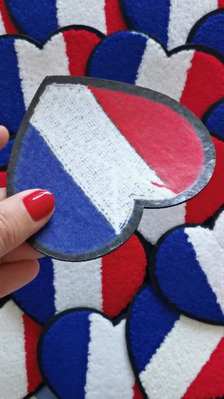 Parche de corazón de chenilla bordado de Francia, parche termoadhesivo tricolor azul, blanco y rojo video poster