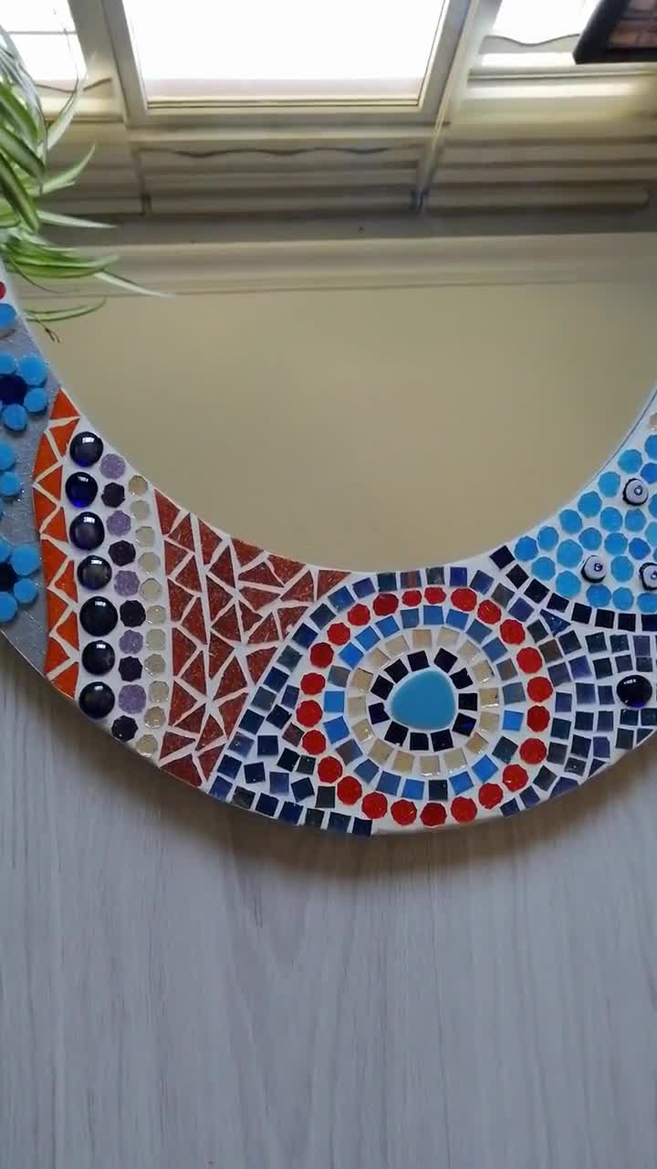 Large Mediterranean Mosaic Mirror, Blue Evil Eye Wall Art, Hand Cut Glass Bead Mirror video poster