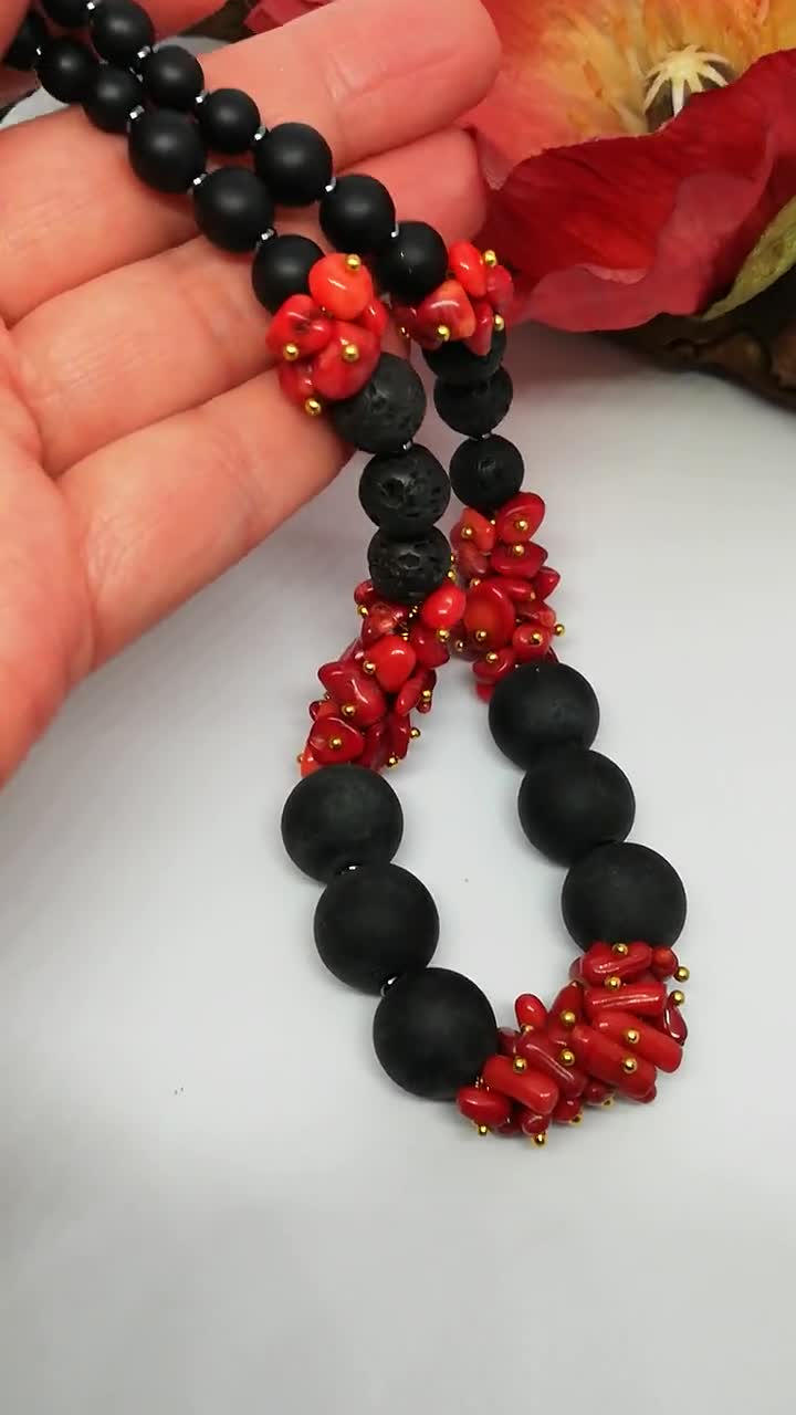 Collier Argent 925 Avec Corail Rouge Et Obsidiennes Noires - Bimonia, Neuf Avec étiquettes