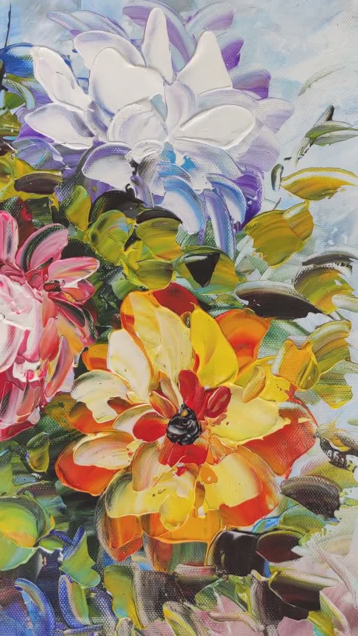 入荷なう 手描きのパレットナイフの花の油絵キャンバスに厚い塗料で重い 絵画