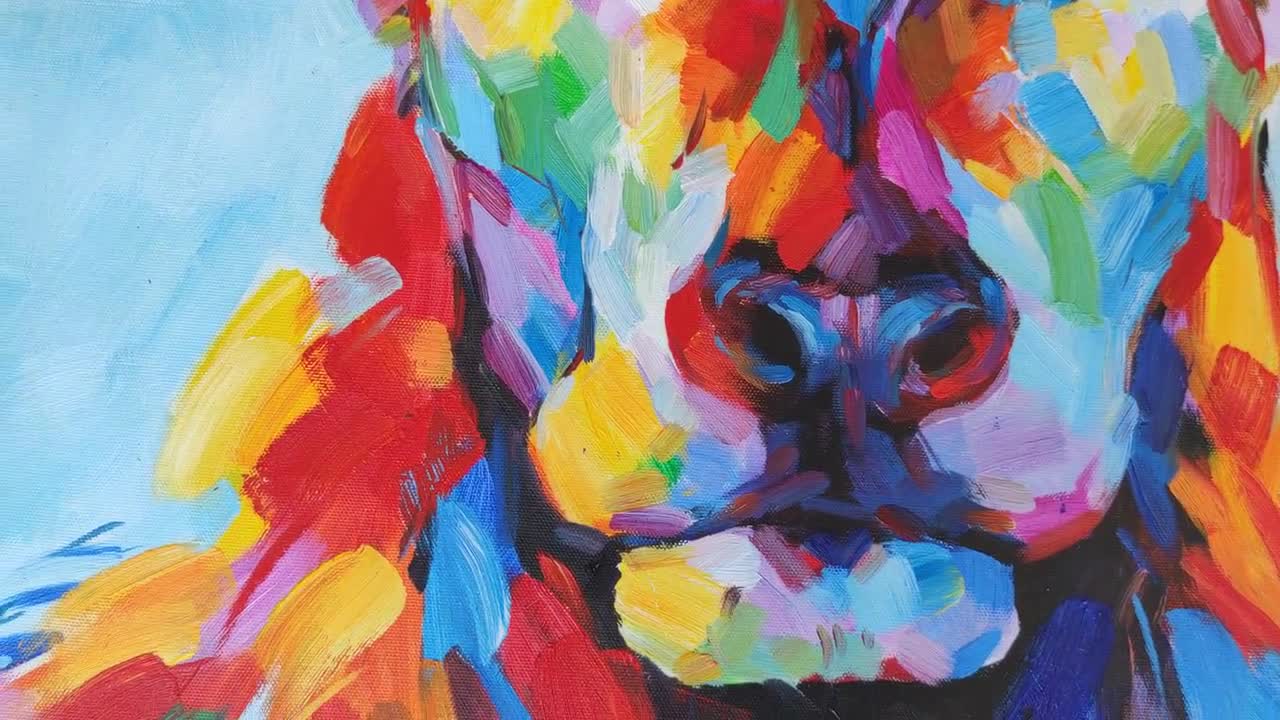 手作りの印象派のカラフルな鹿の油絵、キャンバスに描かれたモダンな