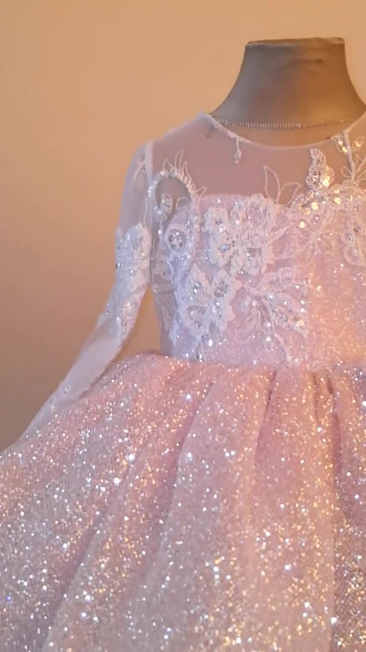 A sparkling flower girl dress with an embroidered bodice and train. Puffy  Powder-colored Princess Dress, 18-month-old Dress