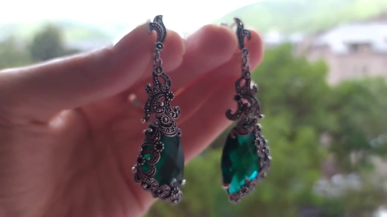 Silver 925 Armenian Jewelry Marcasite Emerald Green EARRINGS Very Long Green  Accessories Tudor Victorian 