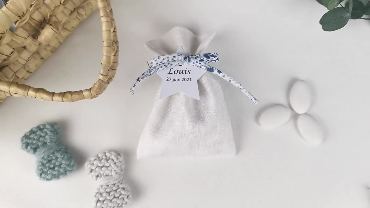 Balein with dragees White linen, cord Liberty Adelajda new blue, personalized paper label, pouch, bag, wedding, baptism, communion video poster