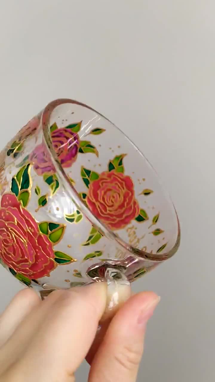 Roses Glass Mug for Women, Hand Painted Mug, Pink Flowers Large Mug 