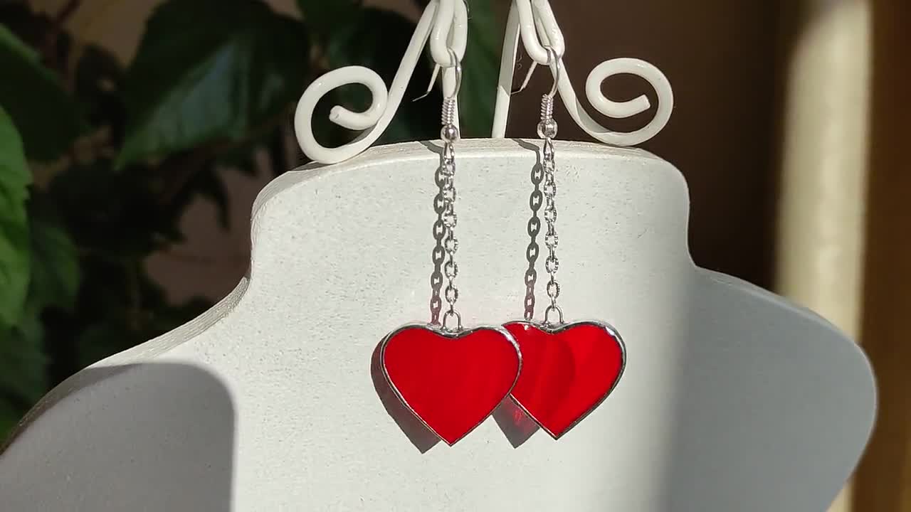 Valentines earrings/ Red heart earrings/ sterling silver glass heart  earrings