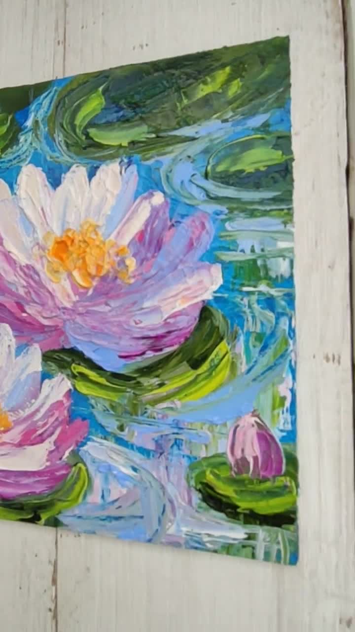 Pittura di fiori di loto, pittura ad olio di impasto di ninfee, mini tela  texture arte murale, coltello tavolozza, piccolo impasto 3d arte di  MilaPollyart -  Italia