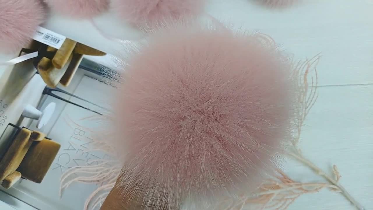 6 Pink fox pom pom for hat with ribbons