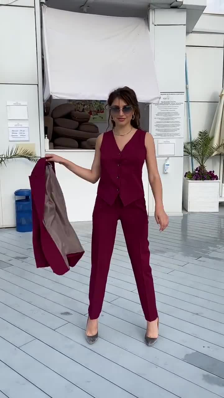 Buy Burgundy Womens Blazer Suit, Office Women 3 Piece Suit With Slim Fit  Pants, Buttoned Vest and Single-breasted Blazer,office Wear for Women  Online in India 