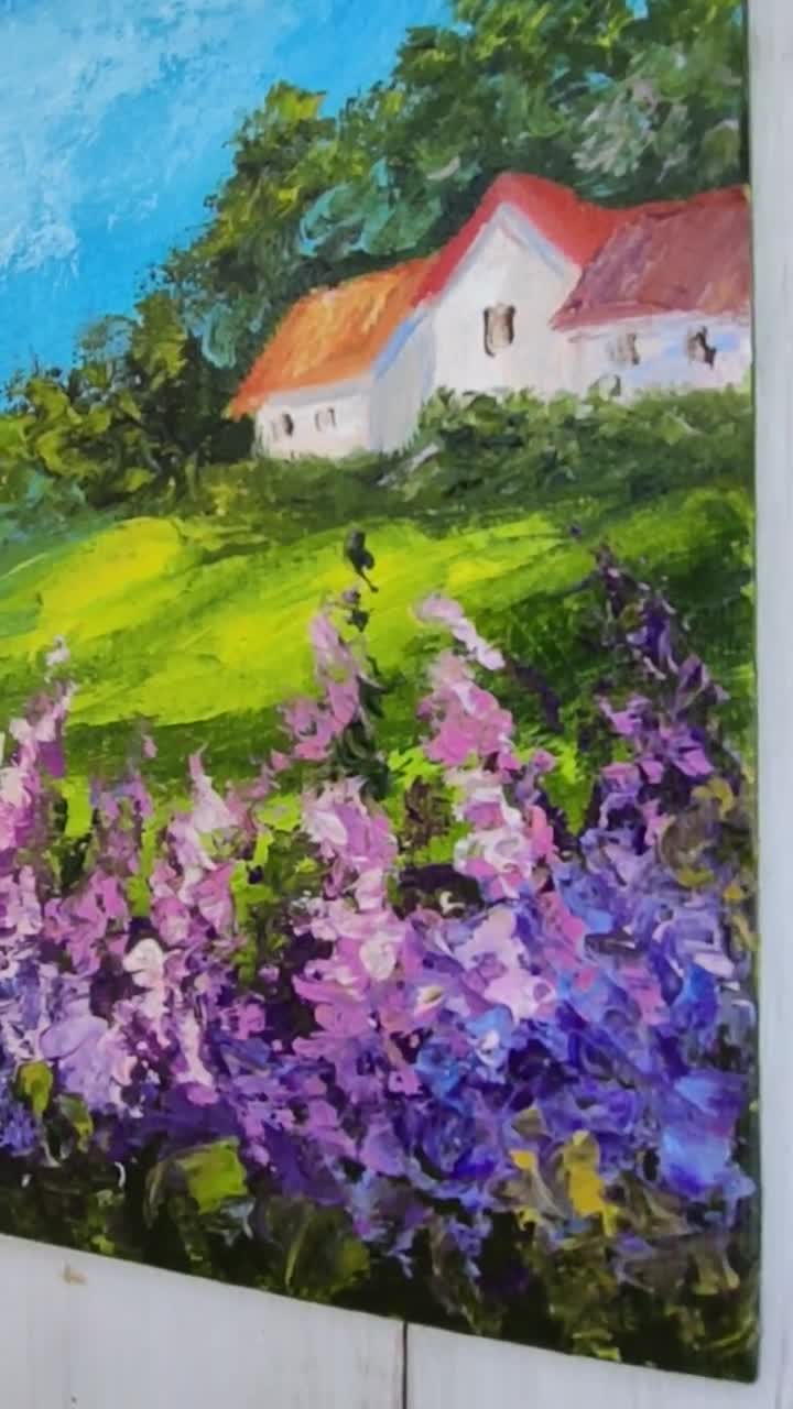 Landscape Countryside Country House Summer Cottage Purple Blooming Summer Day Original Oil Painting On Canvas Flower Bed Flowers Green Tree 2024