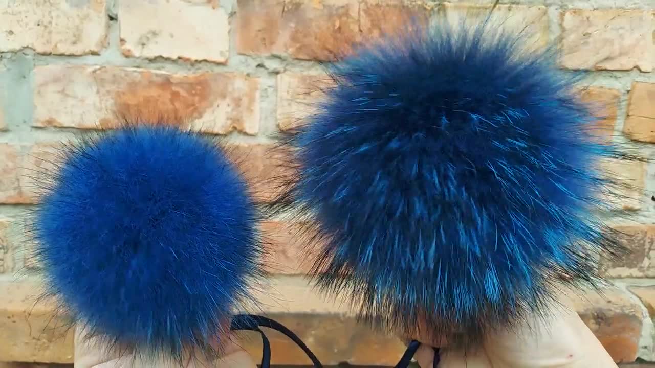 Blue Fur Pom Pom for Hat, Raccoon Real Fur Pompoms, Removable