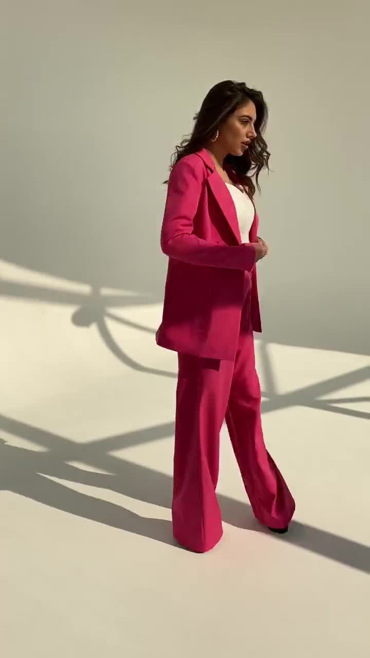 Hot Pink 2-piece Suit Set for Women, Raspberry Pink Pantsuit With