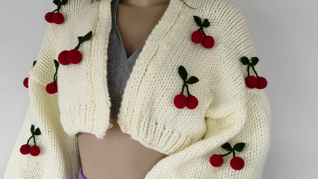 カーディガン HUECLOSET Cropped Balloon Cardigan (2colors) BNE62 Cherry Cardigan, Cropped Knit Cardigan, Balloon Sleeve