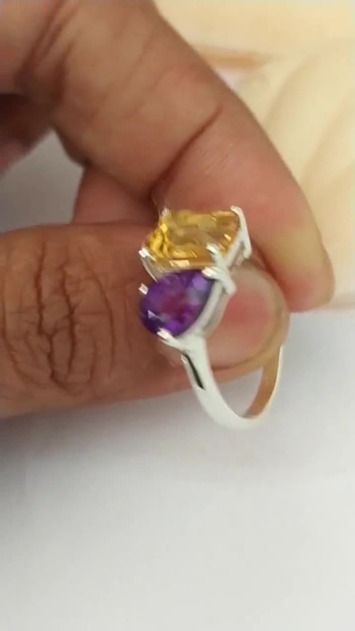 Bague En Argent 925 Avec Corail Fossile, Améthyste Et Citrine – Pierres Naturelles, Neuve Sans Boîte