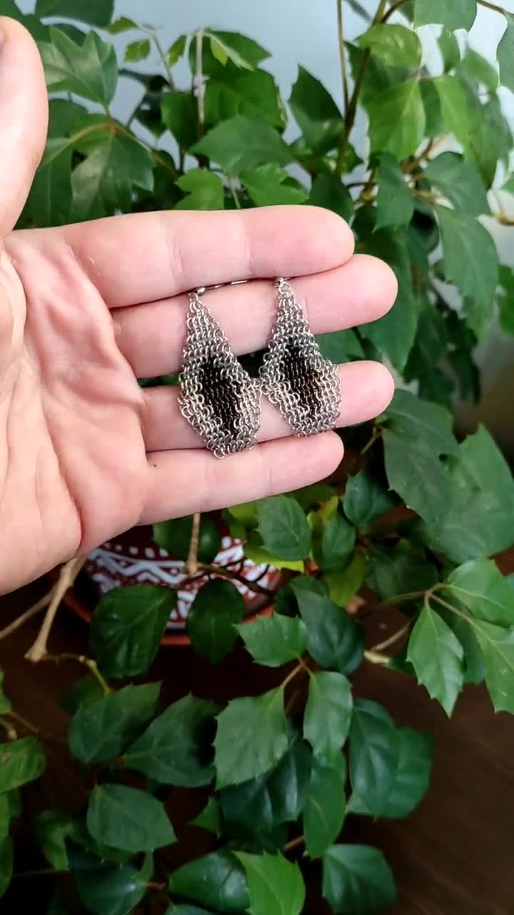 Diamond Shape Mixed Metal Dangly Earrings, Monochrome Black