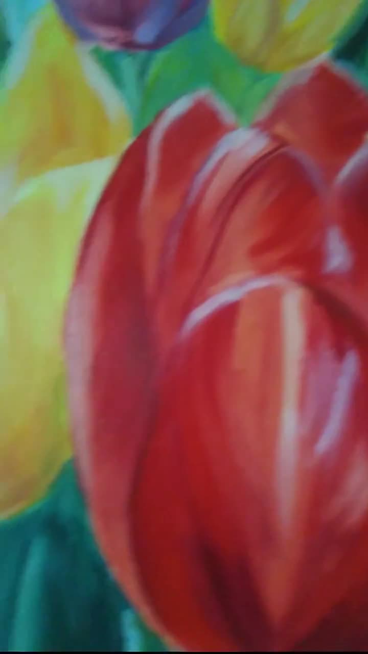 チューリップ＊油絵　絵画　油彩画　春　花　風景画 手描き絵画 空とお花の絵 「幸せの花束」 春の絵 チューリップ
