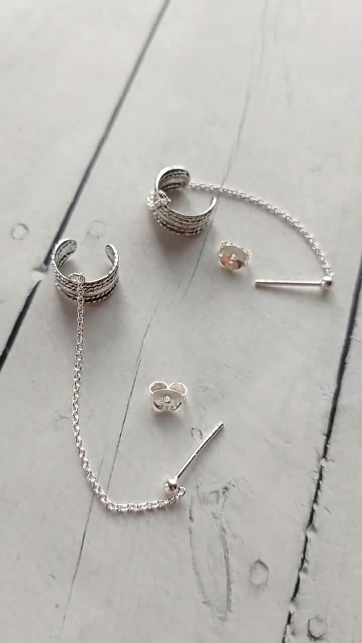 Sterling Silver Ear Cuff With Connected Chain - Pierced Ear
