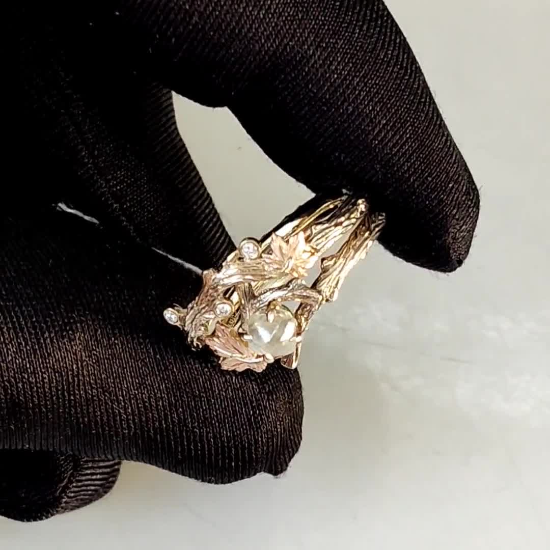 Rough Diamond Bridal Set, Twig and Maple Leaf Engagement Ring, raw diamond  ring