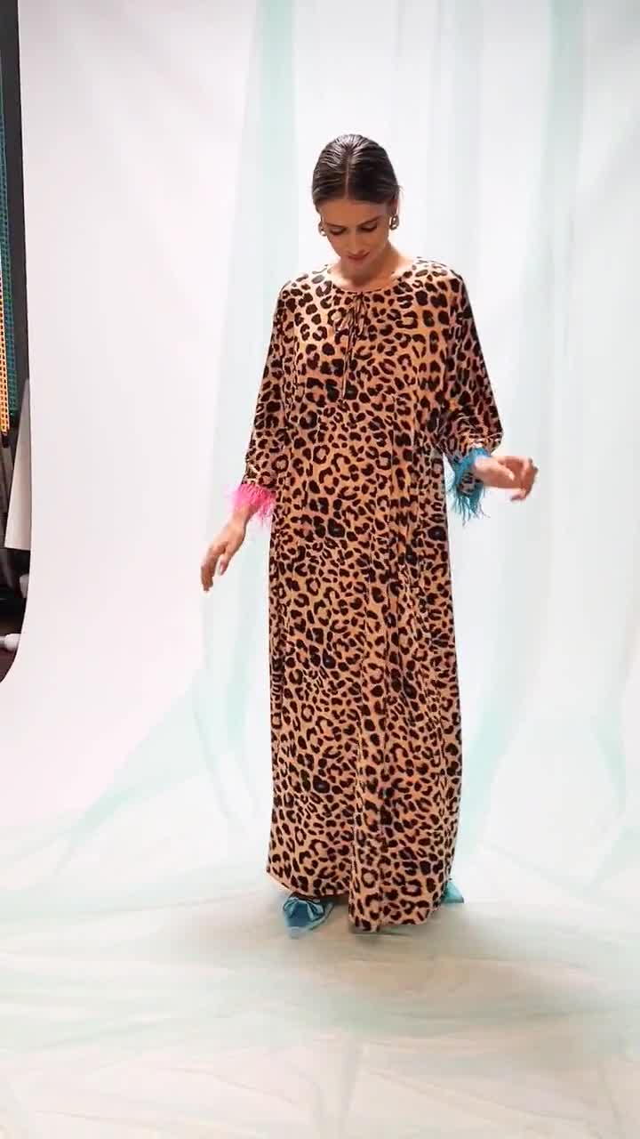 Jaguar Print Satin Fringed Long Dress
