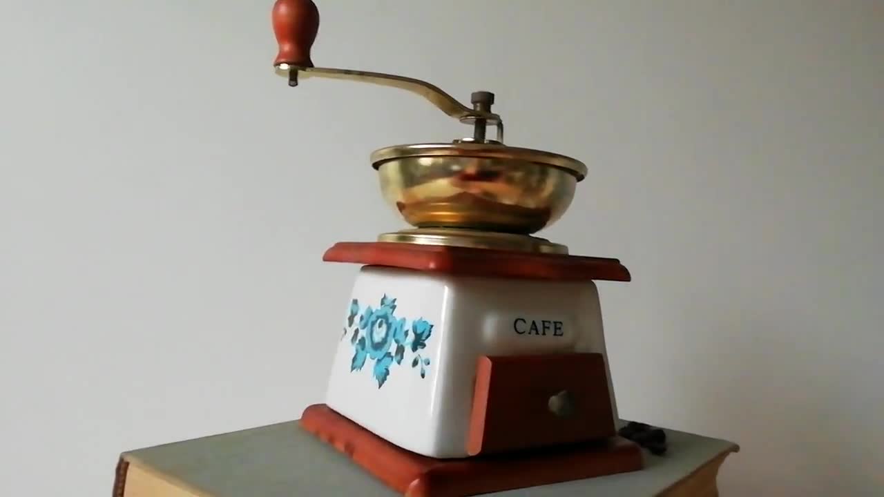 Vintage Coffee Grinder, Wooden Brass and Porcelain Coffee