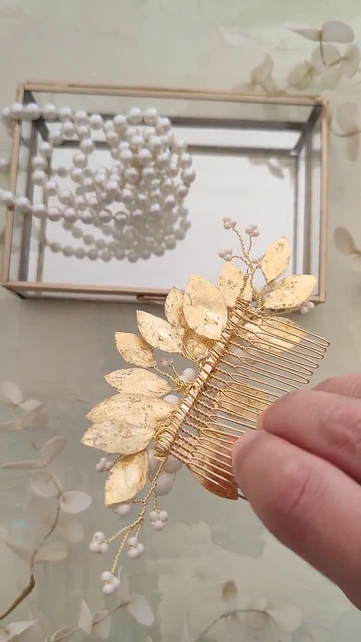 Bridal Hair Comb online Gold 22k, Wedding Headpiece Leaf, Flower Hair Piece -ALCYONE- 3353